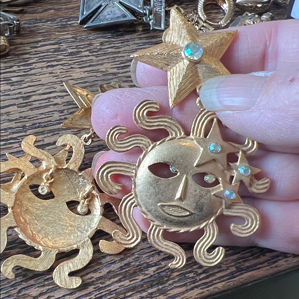 Vintage Stamped Sun & Star Celestial Runway Crystal Clip On Earrings